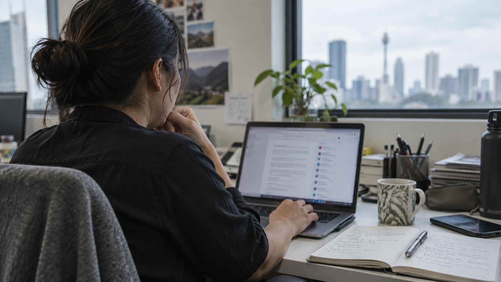 A person reviews a laptop beside notes in a naturally lit office. AI-generated editorial scene.