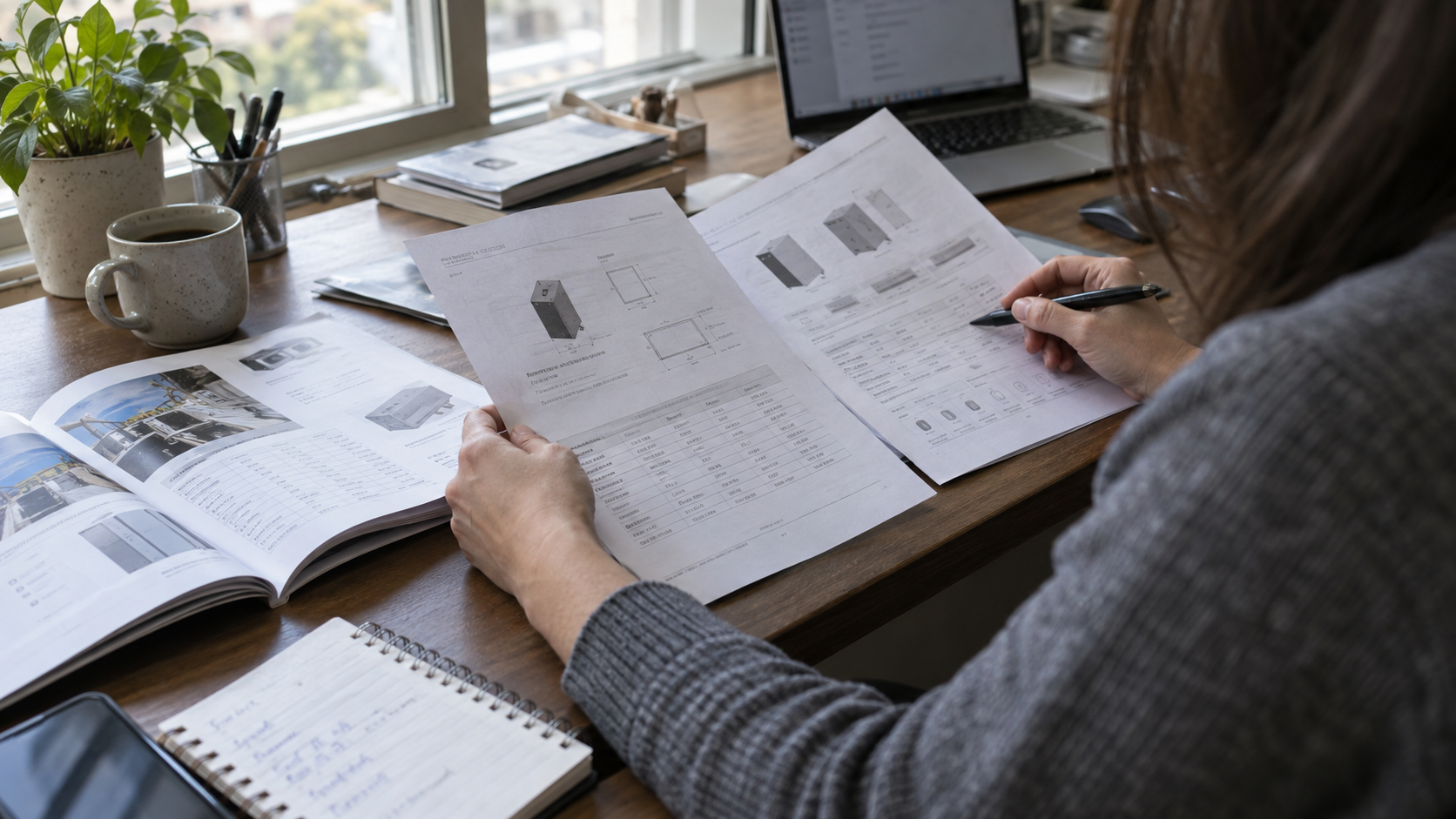 A person compares product specifications with an open catalogue. AI-generated editorial scene.