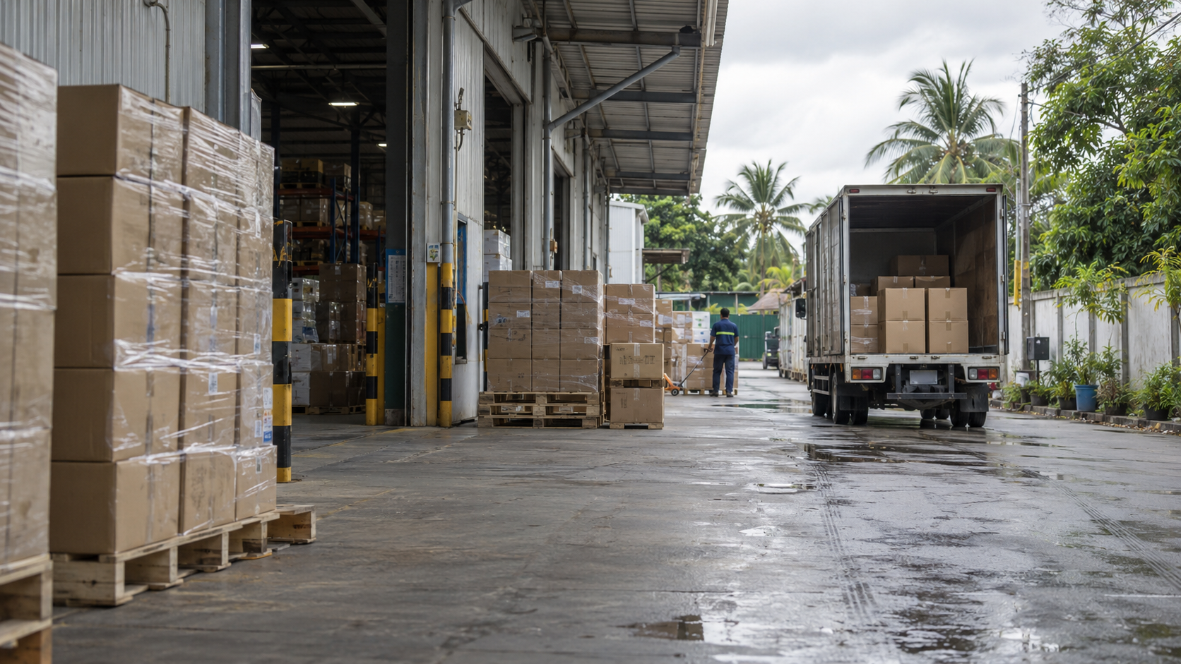Cartons and a delivery truck at a tropical warehouse loading area. AI-generated editorial scene.